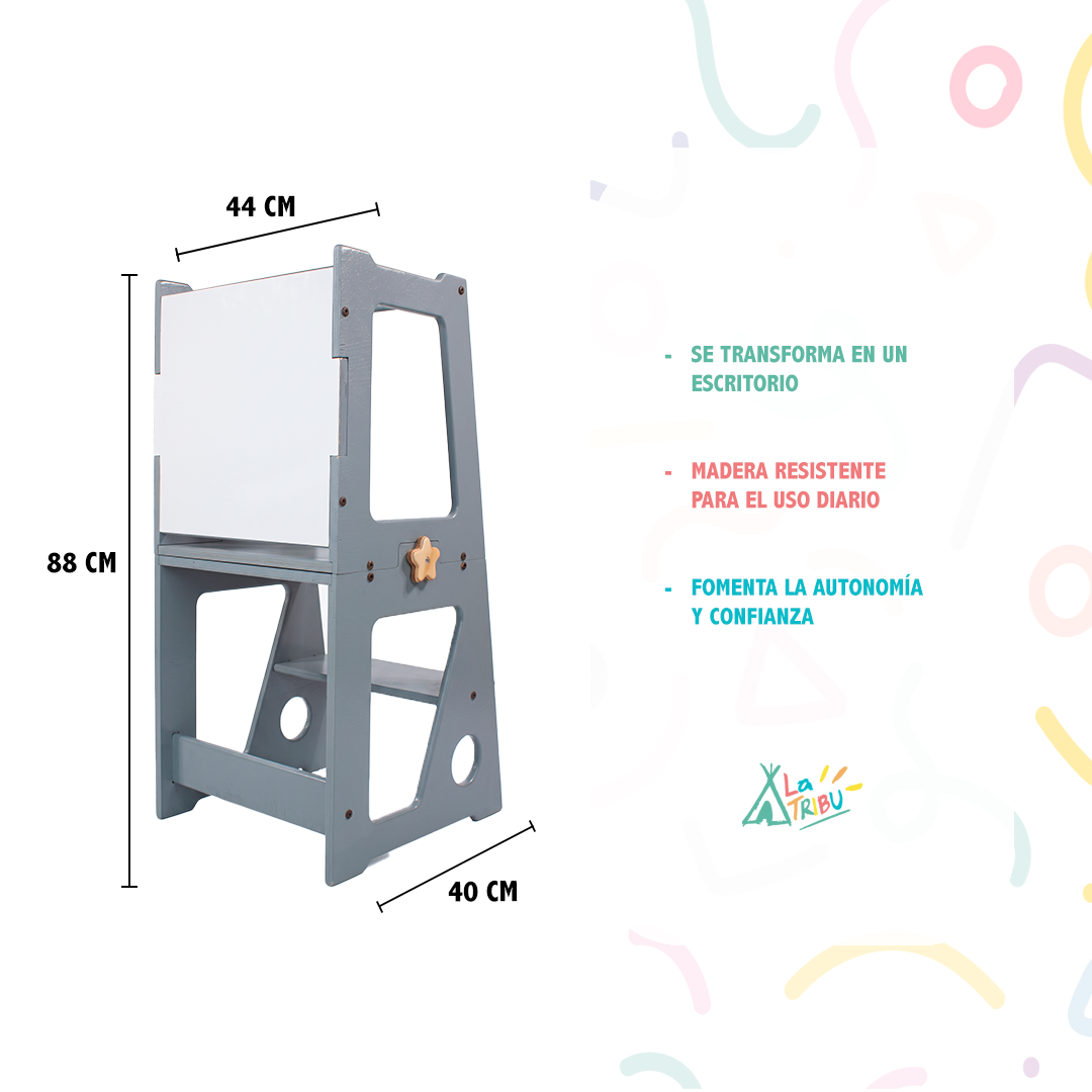 Infografía de la Torre de aprendizaje Samira en gris con medidas (88 cm de alto, 44 cm de ancho superior, 40 cm de base) y beneficios: se transforma en escritorio, madera resistente y fomenta la autonomía