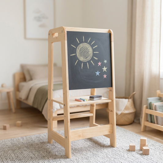 Torre de aprendizaje multinivel de madera con pizarrón junto a cama infantil