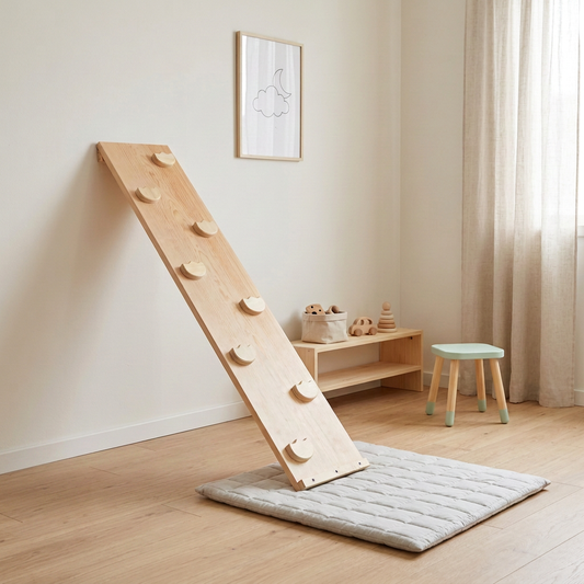Rampa Pikler reversible de madera en cuarto infantil Montessori