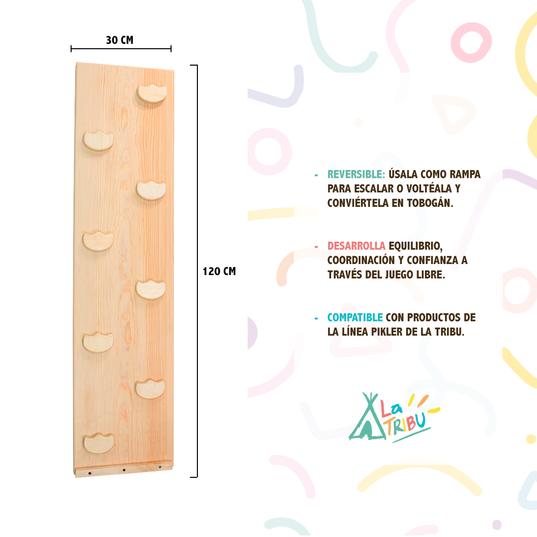 Rampa Pikler reversible de madera, 30 x 120 cm, con agarres para escalar y desarrollar equilibrio y coordinación