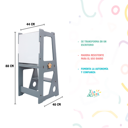 Infografía de la Torre de aprendizaje Samira en gris con medidas (88 cm de alto, 44 cm de ancho superior, 40 cm de base) y beneficios: se transforma en escritorio, madera resistente y fomenta la autonomía