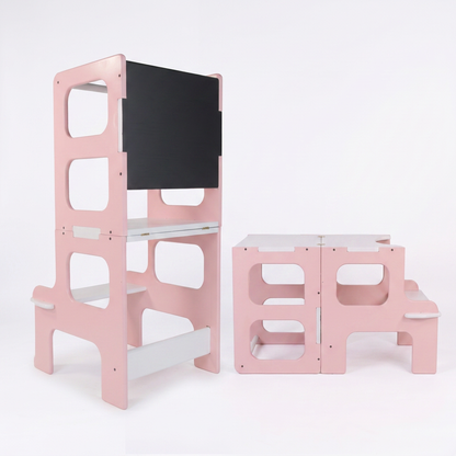 Torre de aprendizaje Montessori en acabado rosa para cuarto infantil
