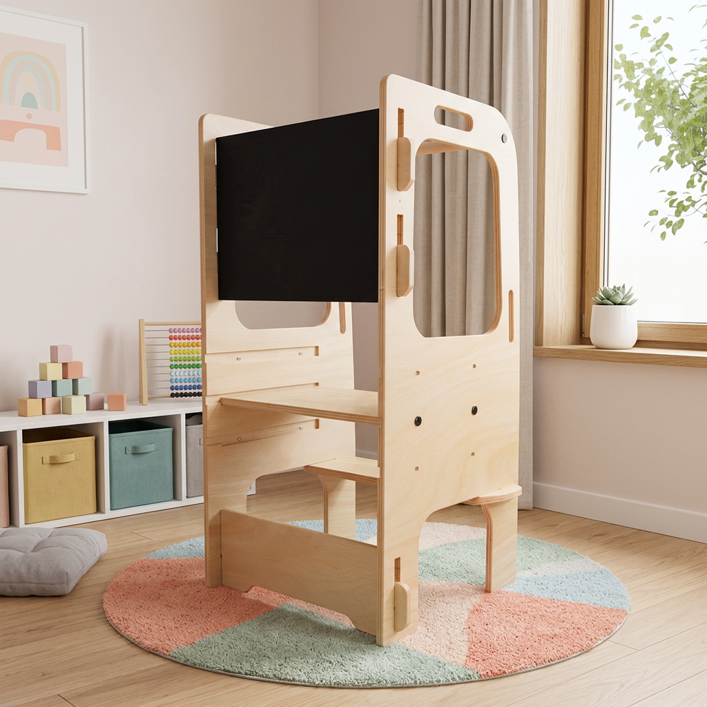 Torre de aprendizaje multinivel de contrachapado con pizarrón, junto a ventana en cuarto infantil