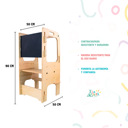 Medidas de torre de aprendizaje Montessori con pizarrón lateral, acabado chapada de madera