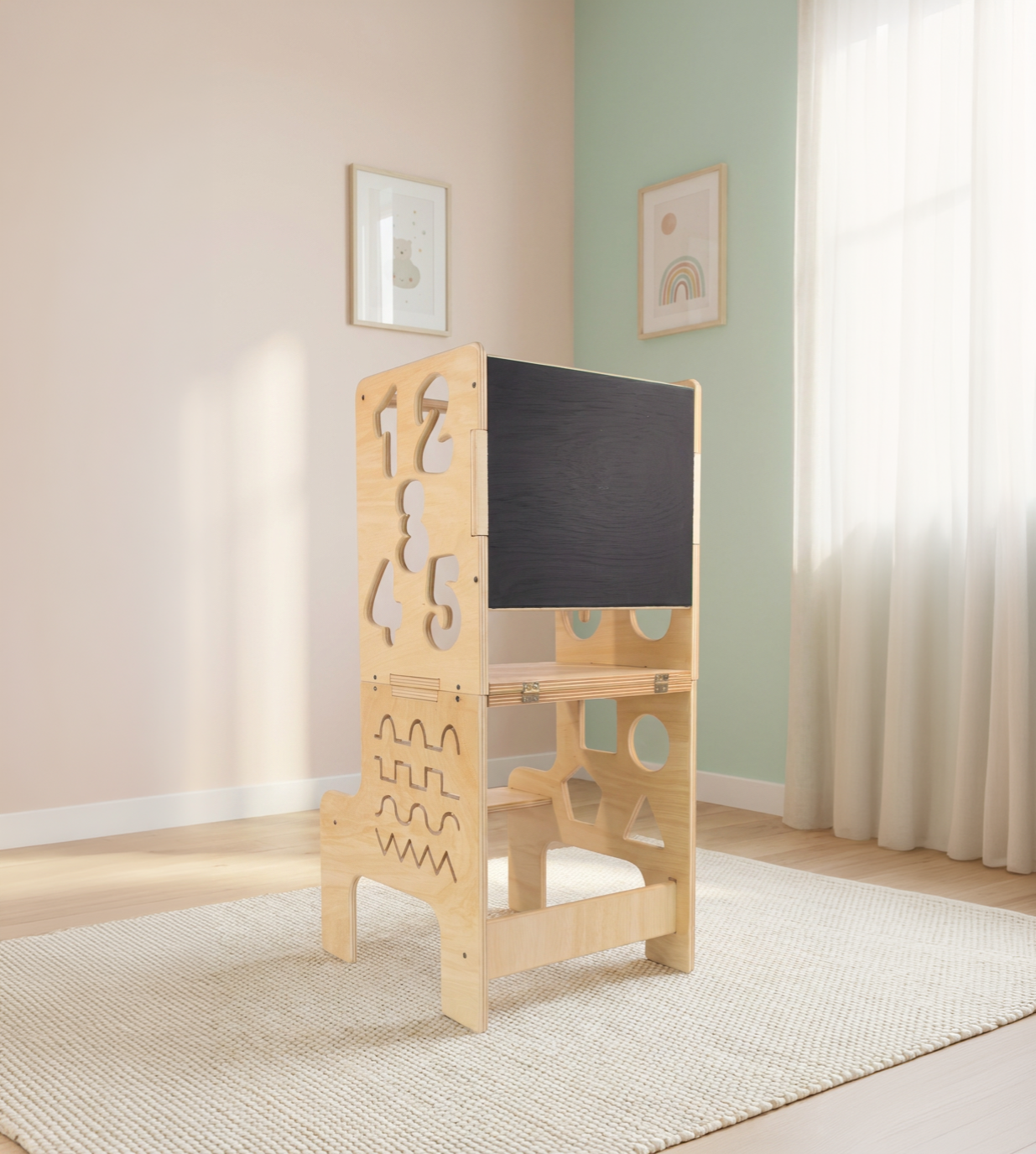 Torre de aprendizaje de madera natural con pizarrón junto a ventana, en cuarto infantil