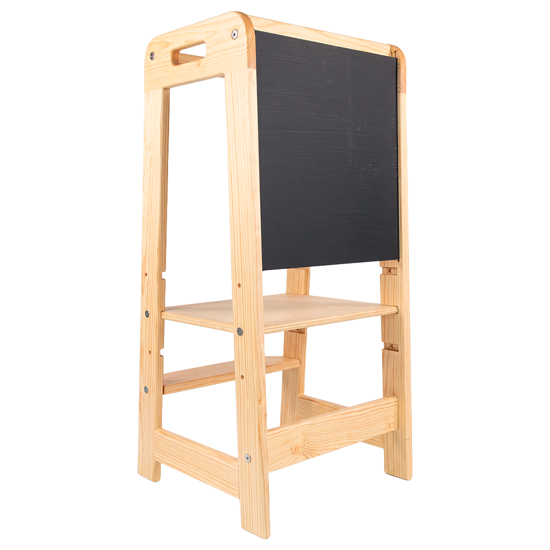 Torre de aprendizaje Montessori de madera con pizarrón, vista completa de perfil